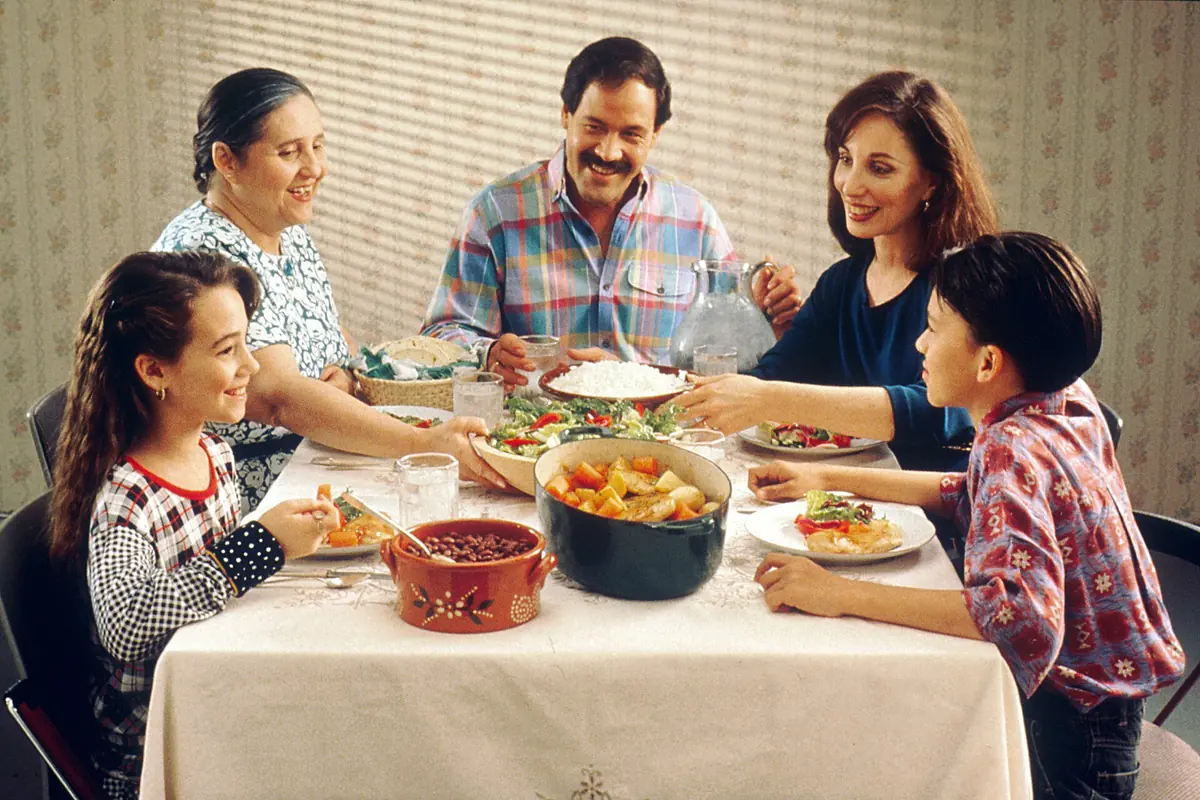 A family sharing a meal at home.