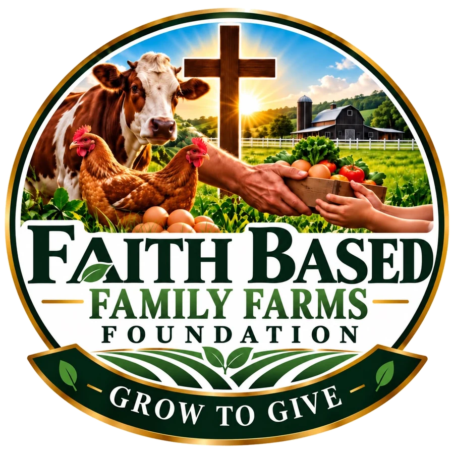 Faith Based Family Farms Foundation seal: a cow, two hens, a wooden cross under a rising sun, a barn, and hands passing eggs and produce. Banner: Grow to Give.